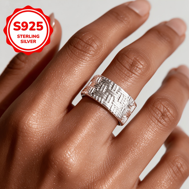 Women's 925 Silver Adjustable Cross-Texture Ring, Gift for Couples